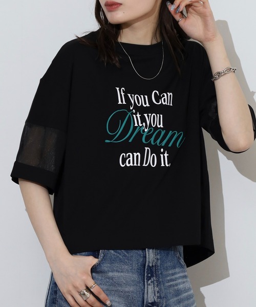 EGLANTINE(エグランティーヌ)の「EGLANTINE オーガンジー切替5分袖ロゴカットソー(Tシャツ/カットソー・レディース・ブラック/オフホワイト/グリーン/ピンク・40)」の11枚目の写真