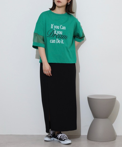 EGLANTINE(エグランティーヌ)の「EGLANTINE オーガンジー切替5分袖ロゴカットソー(Tシャツ/カットソー・レディース・ブラック/オフホワイト/グリーン/ピンク・40)」の16枚目の写真