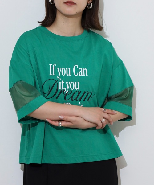 EGLANTINE(エグランティーヌ)の「EGLANTINE オーガンジー切替5分袖ロゴカットソー(Tシャツ/カットソー・レディース・ブラック/オフホワイト/グリーン/ピンク・40)」の15枚目の写真