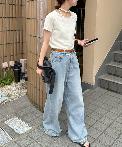 DISCOAT(ディスコート)の「≪紐取り外し可能≫【umm.】ミニブークレチョーカー半袖プルオーバー(ニット/セーター・レディース・アイボリー/ネイビー/ピンク・FREE)」の6枚目の写真