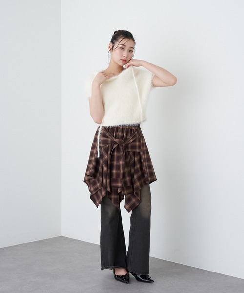 RAY CASSIN（レイカズン）の「シャギーフード半袖ニットプルオーバー（ニット/セーター・レディース・アイボリー/チャコールグレー/ベージュ・FREE）」の8枚目の写真