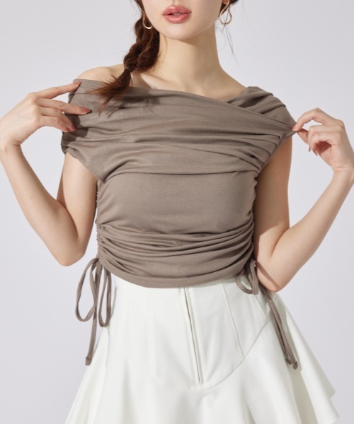 rienda（リエンダ）の「カシュクールサイドドロストトップス 夏服（Tシャツ/カットソー・レディース・ブラック/ホワイト/ブラウン・FREE）」の3枚目の写真