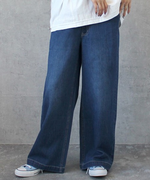 SELECT LEVERY(セレクトリベリー)の「ウエストゴム 麻混デニムワイドパンツ(デニムパンツ・レディース・ネイビー/ワンウォッシュ/ブルー/ホワイト・X-LARGE/LARGE/SMALL/MEDIUM)」の1枚目の写真
