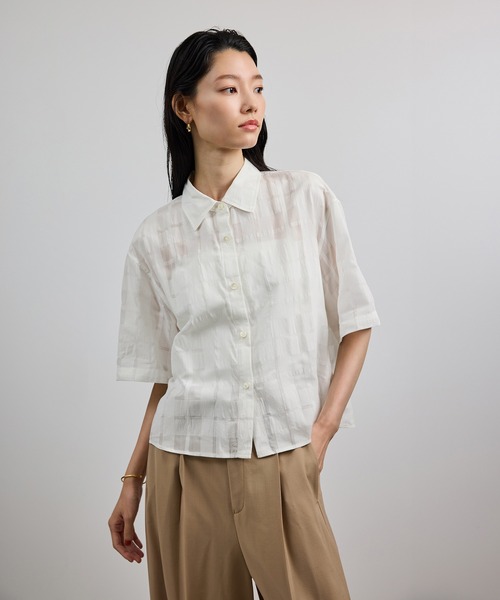 ROPE'(ロペ)の「【洗える】シアーチェッククロップド5分袖シャツ/セットアップ対応(シャツ/ブラウス・レディース・ホワイト・FREE)」の9枚目の写真