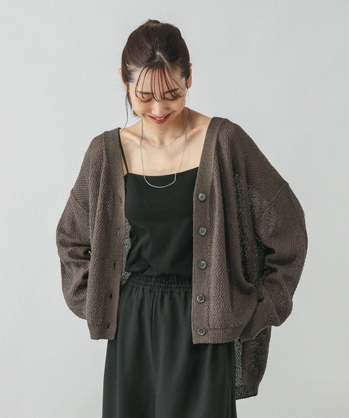 GLOBAL WORK（グローバルワーク）の「ペーパーヤーンカノコカーディガン長袖/577968（カーディガン/ボレロ・レディース・ナチュラル/スミクロ/ダークブラウン/ローズ系8・LARGE/MEDIUM）」の2枚目の写真