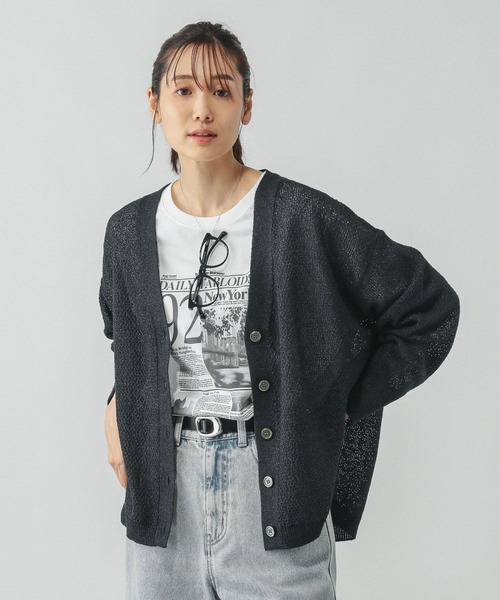 GLOBAL WORK（グローバルワーク）の「ペーパーヤーンカノコカーディガン長袖/577968（カーディガン/ボレロ・レディース・ナチュラル/スミクロ/ダークブラウン/ローズ系8・LARGE/MEDIUM）」の7枚目の写真