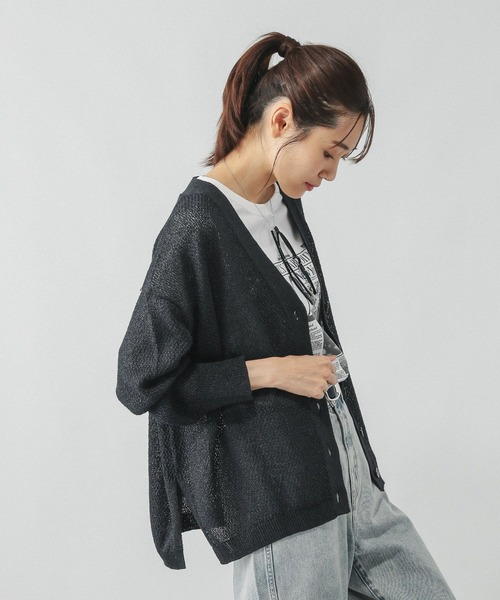 GLOBAL WORK（グローバルワーク）の「ペーパーヤーンカノコカーディガン長袖/577968（カーディガン/ボレロ・レディース・ナチュラル/スミクロ/ダークブラウン/ローズ系8・LARGE/MEDIUM）」の8枚目の写真