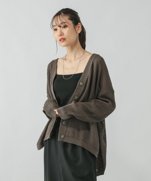 GLOBAL WORK（グローバルワーク）の「ペーパーヤーンカノコカーディガン長袖/577968（カーディガン/ボレロ・レディース・ナチュラル/スミクロ/ダークブラウン/ローズ系8・LARGE/MEDIUM）」の12枚目の写真