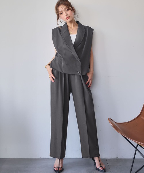 ELFRANK(エルフランク)の「セットアップ テーラードベスト ジレ ワイドパンツ 2点セット 上下セット ビジネス オフィス オケージョン(セットアップ・レディース・チャコールグレー/ベージュ・M/L)」の4枚目の写真