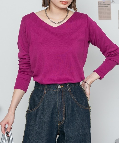 RCD(アールシーディー)の「【着回し抜群】無地ロングVネックTシャツ(Tシャツ/カットソー・レディース・グレイッシュベージュ/ブルーグレー/ホワイト/ネイビー/チャコールグレー/杢グレー/ブラック/カーキ/ピンク系その他・4L/M/LL/L/3L)」の9枚目の写真