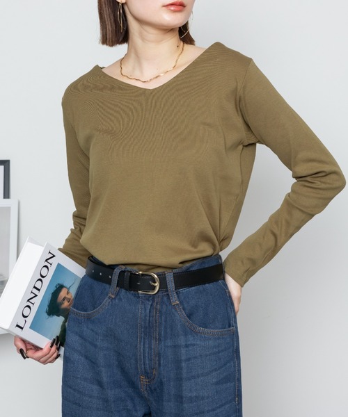 RCD(アールシーディー)の「【着回し抜群】無地ロングVネックTシャツ(Tシャツ/カットソー・レディース・グレイッシュベージュ/ブルーグレー/ホワイト/ネイビー/チャコールグレー/杢グレー/ブラック/カーキ/ピンク系その他・4L/M/LL/L/3L)」の7枚目の写真