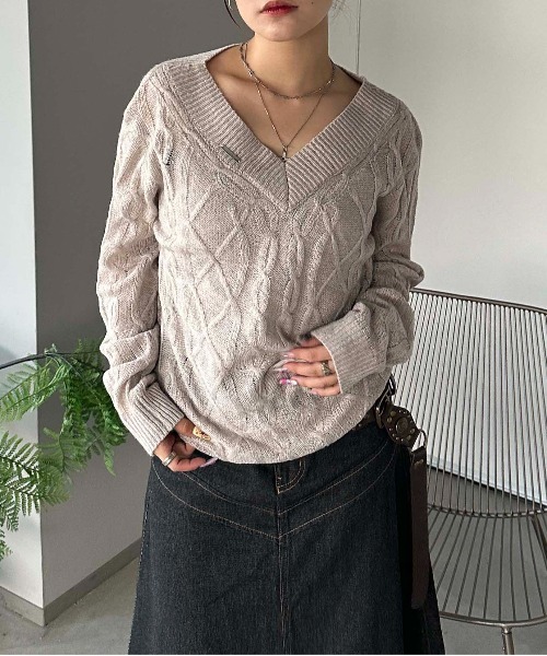 sedacle girl（セダクルガール）の「ラメシアーケーブル編みニット（ニット/セーター・レディース・グリーン/ブラック/ベージュ・SMALL/MEDIUM）」の2枚目の写真