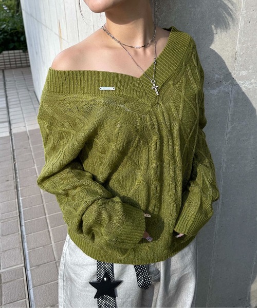 sedacle girl（セダクルガール）の「ラメシアーケーブル編みニット（ニット/セーター・レディース・グリーン/ブラック/ベージュ・SMALL/MEDIUM）」の3枚目の写真