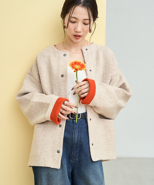 FREAK'S STORE（フリークスストア）の「限定展開　裏配色 スナップ ニット カーディガン（カーディガン/ボレロ・レディース・ベージュ/ネイビー/ナチュラル/チャコールグレー/グレー/ブラック/ブラウン・ﾌﾘ-）」の8枚目の写真