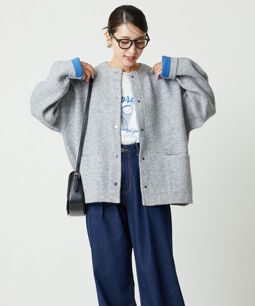 FREAK'S STORE（フリークスストア）の「限定展開　裏配色 スナップ ニット カーディガン（カーディガン/ボレロ・レディース・ベージュ/ネイビー/ナチュラル/チャコールグレー/グレー/ブラック/ブラウン・ﾌﾘ-）」の9枚目の写真