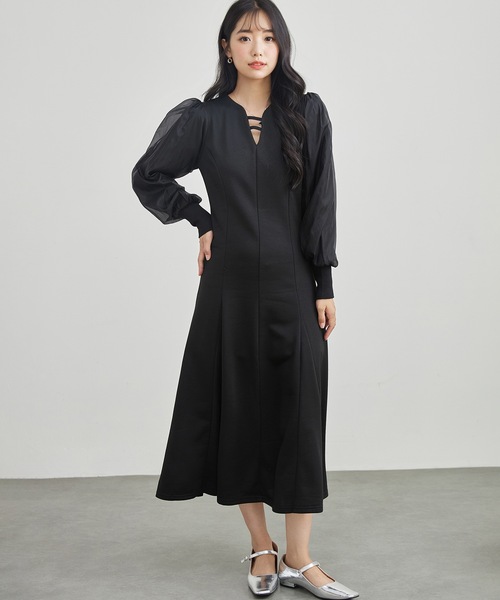 Lace Ladies(レースレディース)の「オーガンジー バルーン袖 マキシ ドレス ワンピース(ワンピース・レディース・チャコールグレー/ブラック/オリーブ/グレイッシュベージュ・S/FREE)」の6枚目の写真