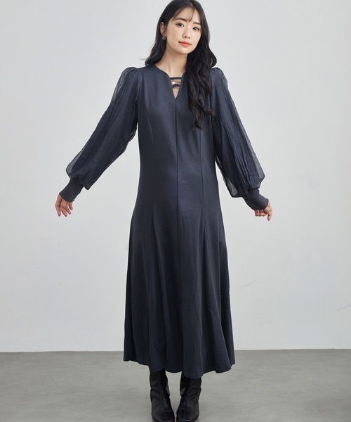 Lace Ladies(レースレディース)の「オーガンジー バルーン袖 マキシ ドレス ワンピース(ワンピース・レディース・チャコールグレー/ブラック/オリーブ/グレイッシュベージュ・S/FREE)」の11枚目の写真