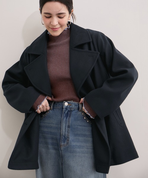 セール】ウールライクダブルテーラードミドル丈コート（ピーコート