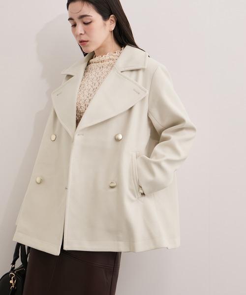 セール】ウールライクダブルテーラードミドル丈コート（ピーコート