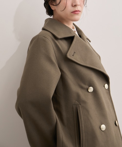 セール】ウールライクダブルテーラードミドル丈コート（ピーコート