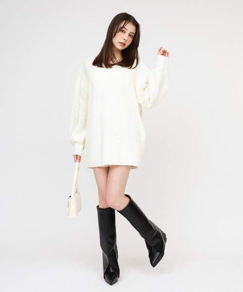 ROYAL PARTY(ロイヤルパーティー)の「畦編みVネックニットチュニック(ワンピース・レディース・グレー/ブルー/オフホワイト・FREE)」の1枚目の写真