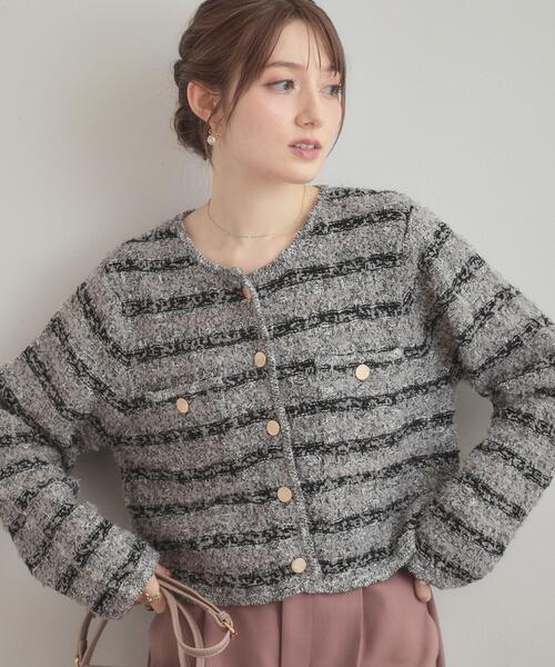 couture brooch(クチュールブローチ)の「ツイード編みカーディガン(カーディガン/ボレロ・レディース・ブラック/ライトグレー・38)」の2枚目の写真
