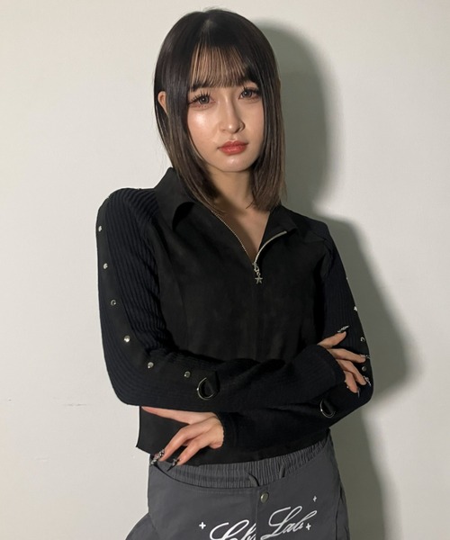 .KOM（ドットコム）の「A'GEM/9 × .kom 『.kom/ドットケーオーエム』Suede × Rib Contrast Zip-Up Top /スエード×リブ切り替えジップトップ（ニット/セーター・レディース・ブラウン/ブラック・FREE）」の5枚目の写真