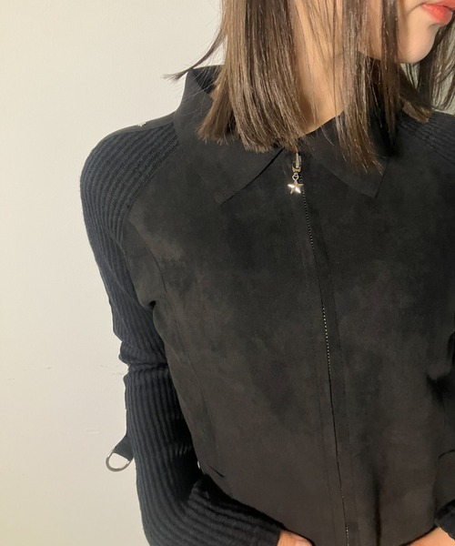 .KOM（ドットコム）の「A'GEM/9 × .kom 『.kom/ドットケーオーエム』Suede × Rib Contrast Zip-Up Top /スエード×リブ切り替えジップトップ（ニット/セーター・レディース・ブラウン/ブラック・FREE）」の8枚目の写真