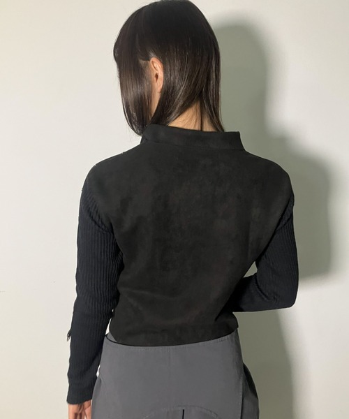 .KOM（ドットコム）の「A'GEM/9 × .kom 『.kom/ドットケーオーエム』Suede × Rib Contrast Zip-Up Top /スエード×リブ切り替えジップトップ（ニット/セーター・レディース・ブラウン/ブラック・FREE）」の7枚目の写真