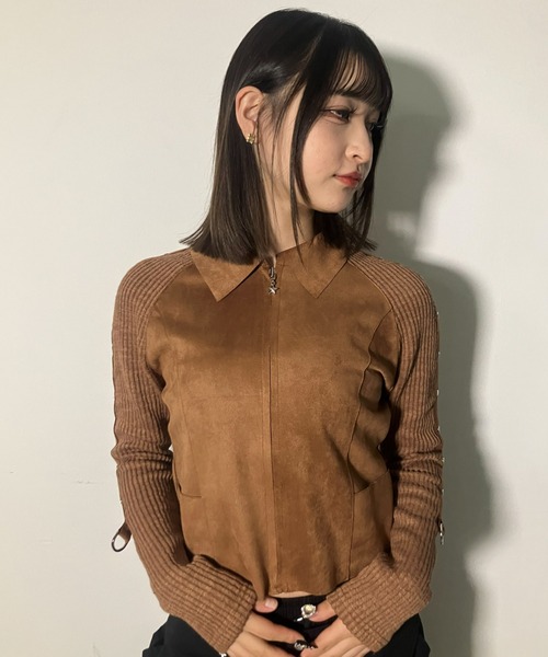 .KOM（ドットコム）の「A'GEM/9 × .kom 『.kom/ドットケーオーエム』Suede × Rib Contrast Zip-Up Top /スエード×リブ切り替えジップトップ（ニット/セーター・レディース・ブラウン/ブラック・FREE）」の11枚目の写真