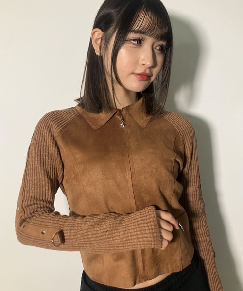 .KOM（ドットコム）の「A'GEM/9 × .kom 『.kom/ドットケーオーエム』Suede × Rib Contrast Zip-Up Top /スエード×リブ切り替えジップトップ（ニット/セーター・レディース・ブラウン/ブラック・FREE）」の12枚目の写真