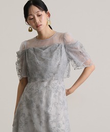 ロング&袖あり フォーマル ニュアンスフラワーバルーンスリーブ シアー
