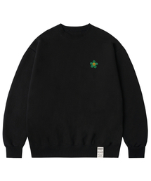 [UNISEX]グリーンフラワースマイル刺繍マンツーマン_ブラック