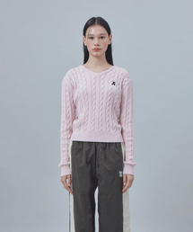 CABLE V-NECK KNIT TOP - PINK
