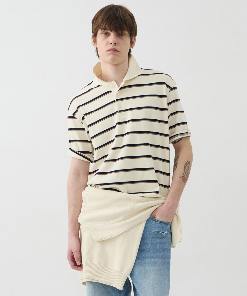WINDER(ワインダー)の「RIBBED STRIPE SHORT POLO - NATURAL IVORY(ポロシャツ・メンズ・その他・MEDIUM/LARGE)」の1枚目の写真