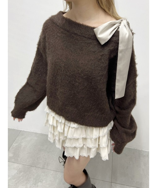 WEGO(ウィゴー)の「リボンワンショルニット(ニット/セーター・レディース・グレー/アイボリー/ブラウン・FREE)」の3枚目の写真