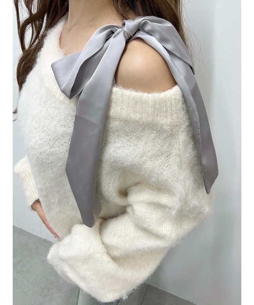 WEGO(ウィゴー)の「リボンワンショルニット(ニット/セーター・レディース・グレー/アイボリー/ブラウン・FREE)」の6枚目の写真