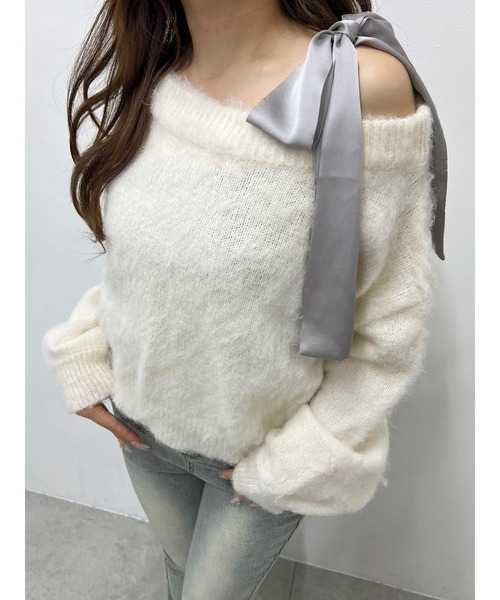 WEGO(ウィゴー)の「リボンワンショルニット(ニット/セーター・レディース・グレー/アイボリー/ブラウン・FREE)」の7枚目の写真