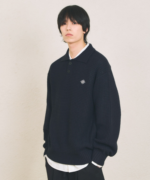 WAFFLE COLLAR KNIT [NAVY] — вязаная рубашка с вафельным воротником, тёмно‑синяя