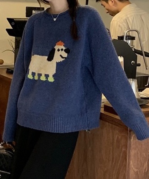 セール】ゆる犬ジャガードニット／ゆったりシルエット／カジュアル