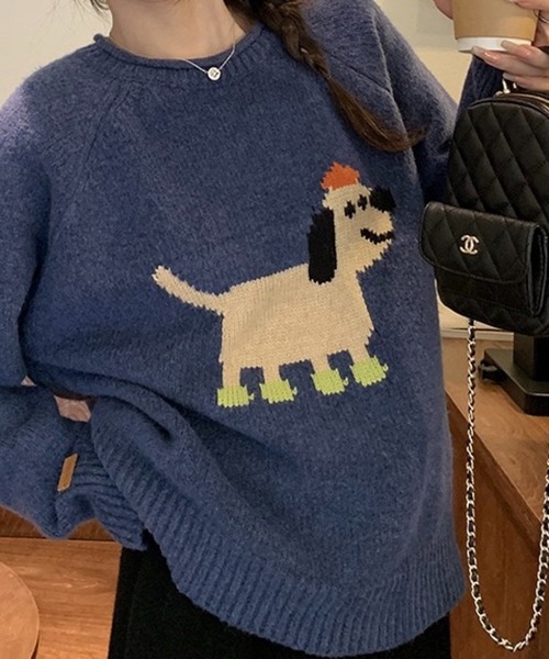 セール】ゆる犬ジャガードニット／ゆったりシルエット／カジュアル