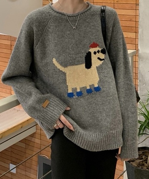 セール】ゆる犬ジャガードニット／ゆったりシルエット／カジュアル