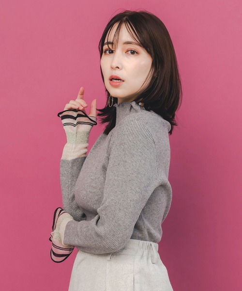 iS ScoLar（イズスカラー）の「ニット×シアー袖切替ロンT（Tシャツ/カットソー・レディース・杢グレー/ブラック/グリーン・M）」の6枚目の写真