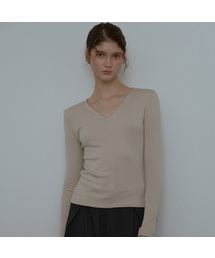 V-neck Cutting Line Long Sleeve [Beige]