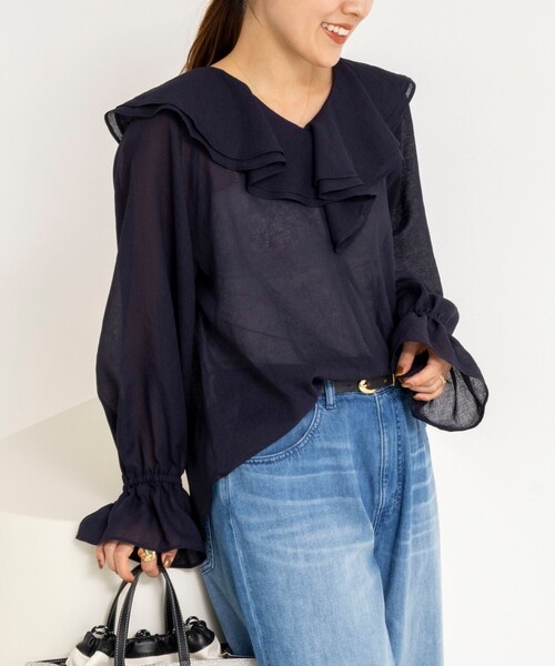 NOLLEY’S（ノーリーズ）の「ウォッシャブルラッフルカラーブラウス（シャツ/ブラウス・レディース・ネイビー/ミント/ホワイト・38）」の3枚目の写真