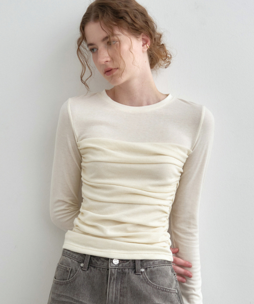 MONGDOL(モンドル)の「チューブトップシャーリングレイヤードTシャツクリームMDTS083CREAM(Tシャツ/カットソー・レディース・その他・FREE)」の1枚目の写真