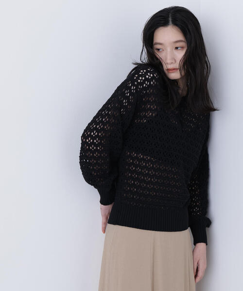 N.（N. Natural Beauty Basic）（エヌエヌナチュラルビューティーベーシック）の「透かし編みポロニット（ポロシャツ・レディース・ブラック/ブルー/オフホワイト・ﾌﾘ-）」の4枚目の写真