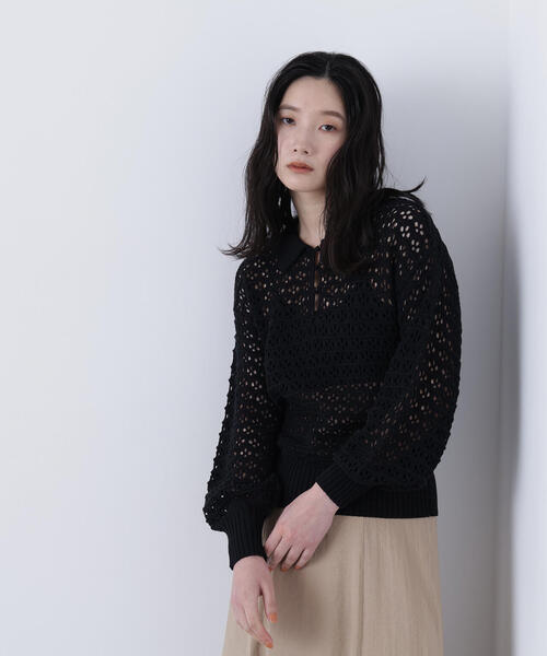 N.（N. Natural Beauty Basic）（エヌエヌナチュラルビューティーベーシック）の「透かし編みポロニット（ポロシャツ・レディース・ブラック/ブルー/オフホワイト・ﾌﾘ-）」の7枚目の写真