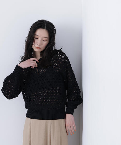 N.（N. Natural Beauty Basic）（エヌエヌナチュラルビューティーベーシック）の「透かし編みポロニット（ポロシャツ・レディース・ブラック/ブルー/オフホワイト・ﾌﾘ-）」の9枚目の写真