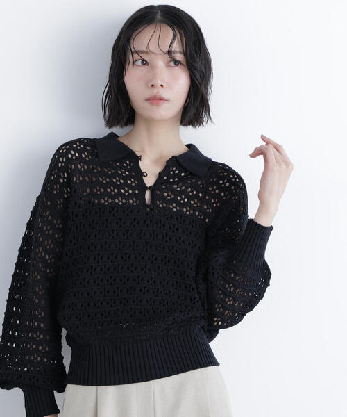 N.（N. Natural Beauty Basic）（エヌエヌナチュラルビューティーベーシック）の「透かし編みポロニット（ポロシャツ・レディース・ブラック/ブルー/オフホワイト・ﾌﾘ-）」の11枚目の写真